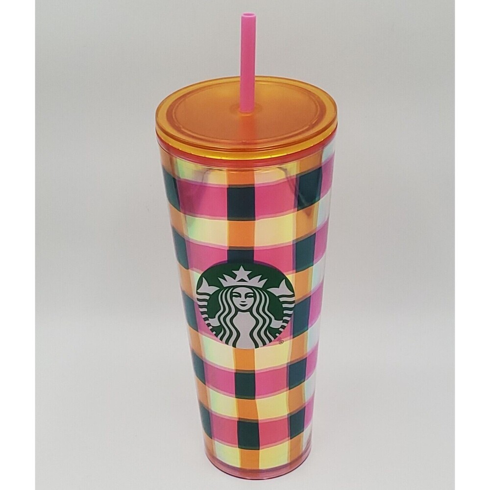 STARBUCKS Tumbler 24oz VENTI Easter Plaid Orange Lid Pink Straw Cold Cup